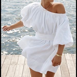 White mini linen off the shoulder dress